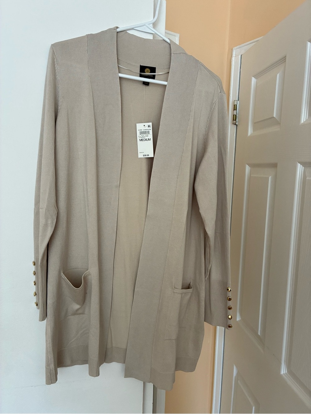 Light Beige Open Front Cardigan with Gold Button Detail